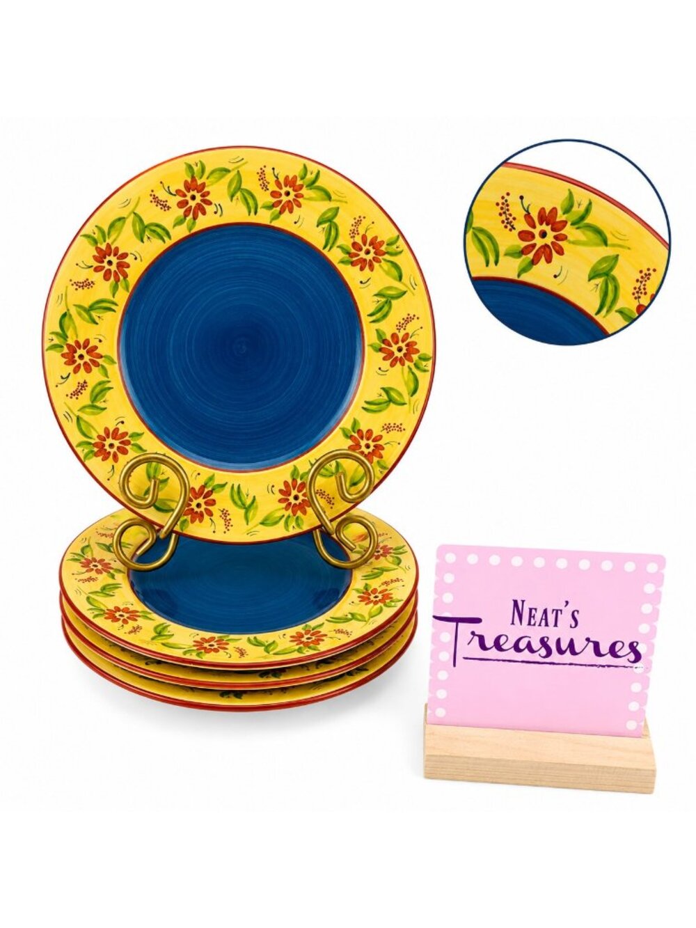 Inspirado IDC Hand Painted Stonelite Blue Yellow Lunch Salad Plate Set of Four